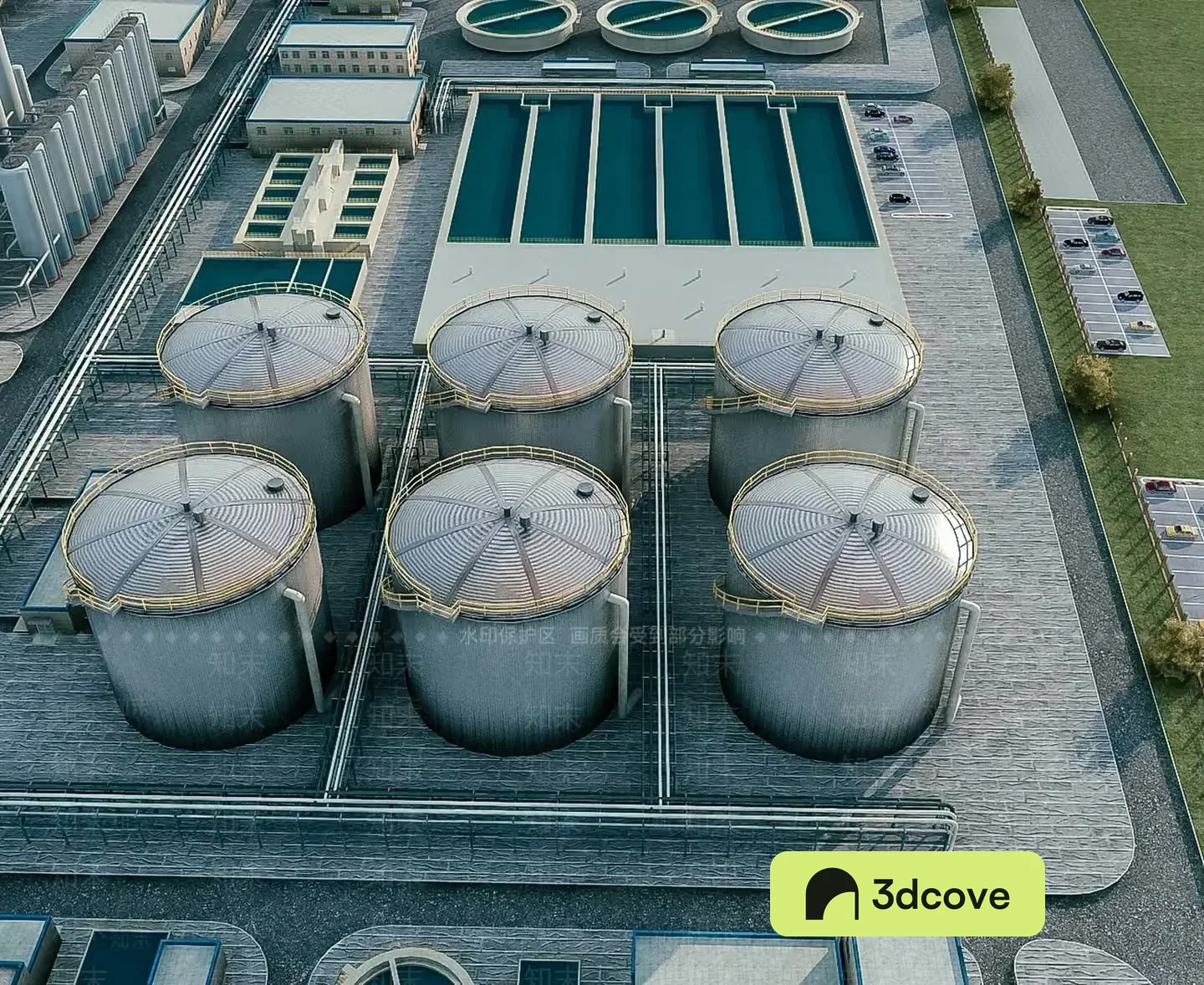 The Main Subject Is A Water Treatment Plant Characterized By Its Industrial Appearance