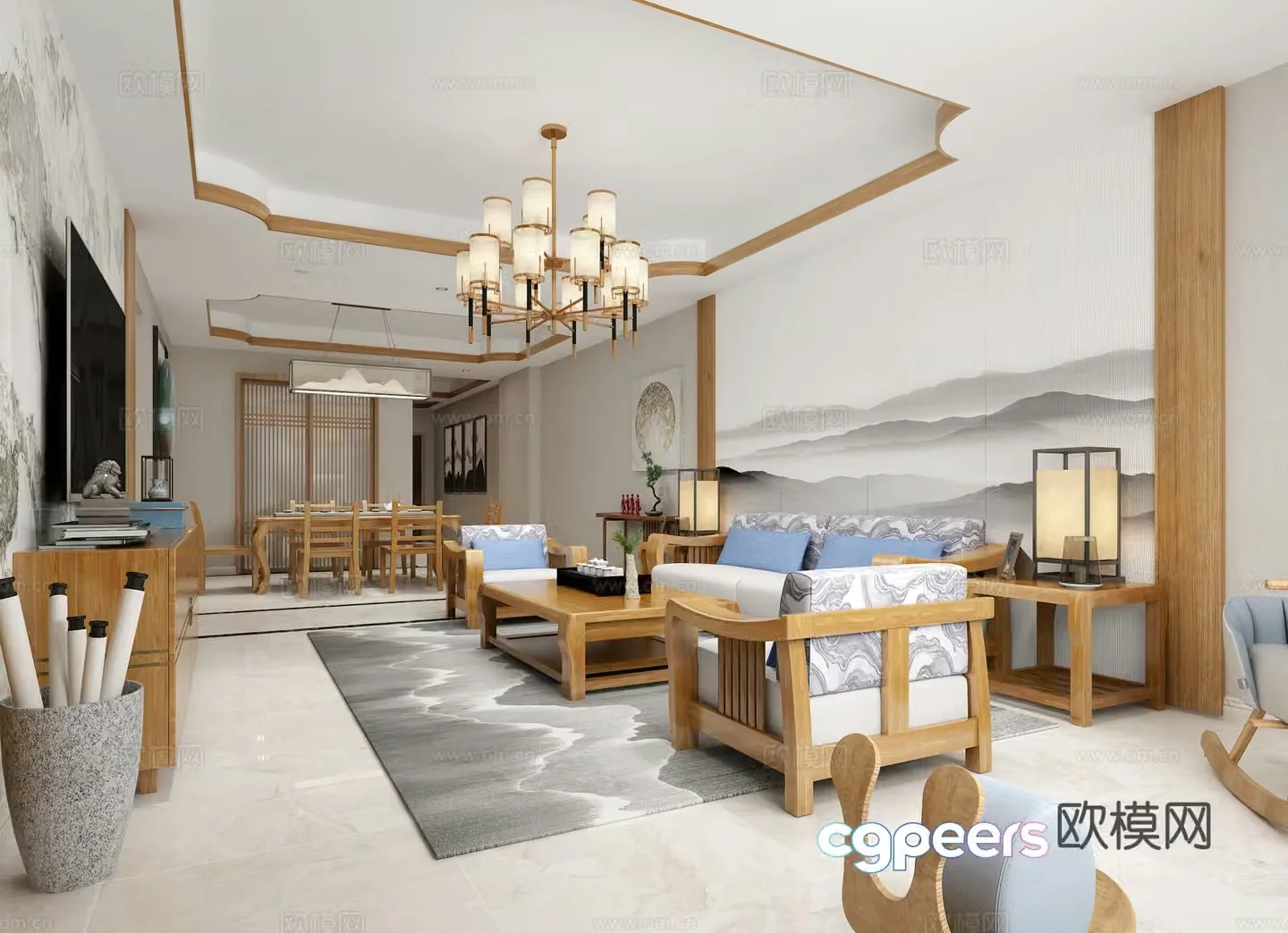 New Chinese style living and dining room chandeliers single and double sofas coffee tables desk lamps background wall decorative 3D model