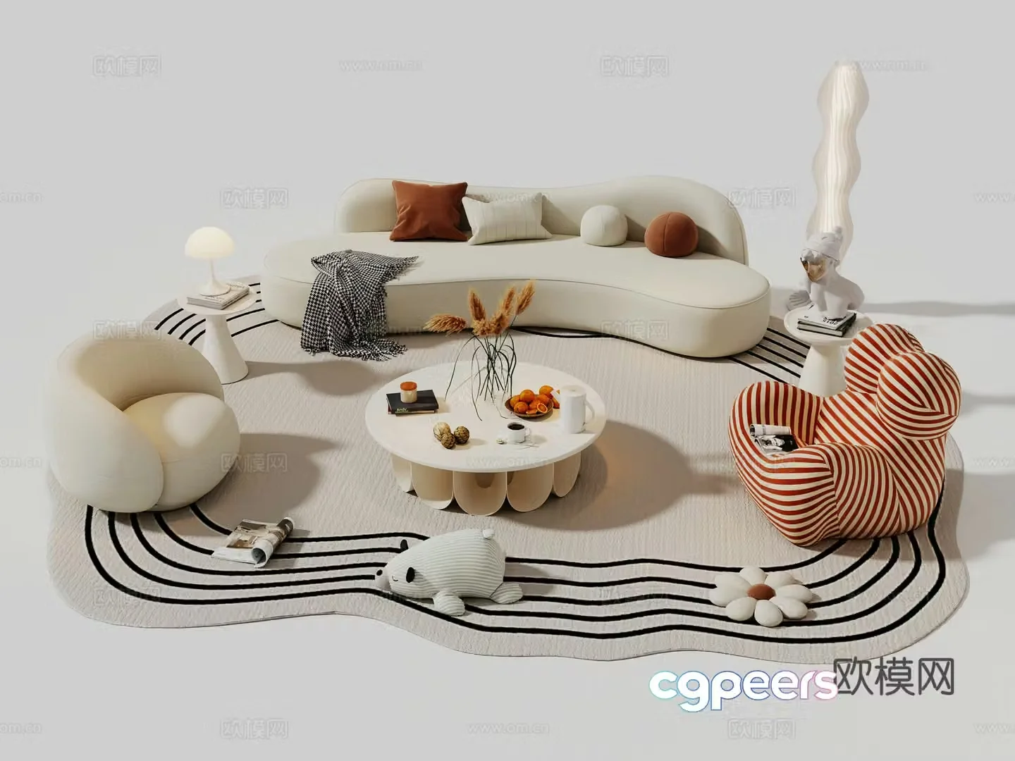 Creamy sofa coffee table combination sofa 3D model
