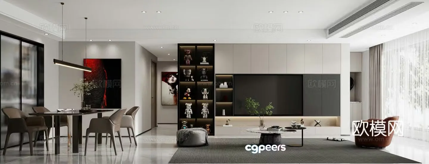 Modern living and dining room 3d model