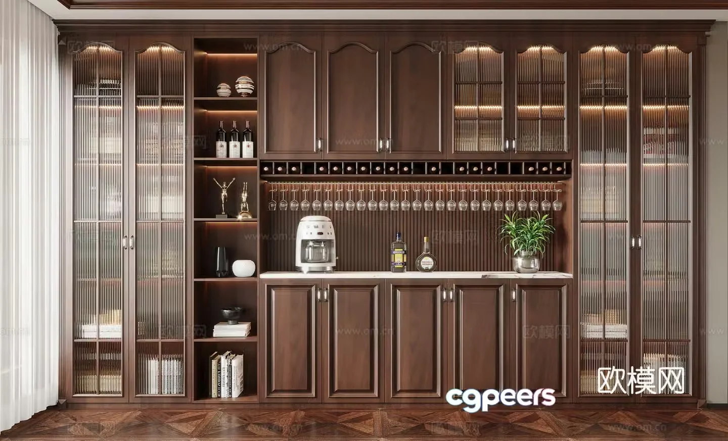 American solid wood sideboard glass wine cabinet 3D model