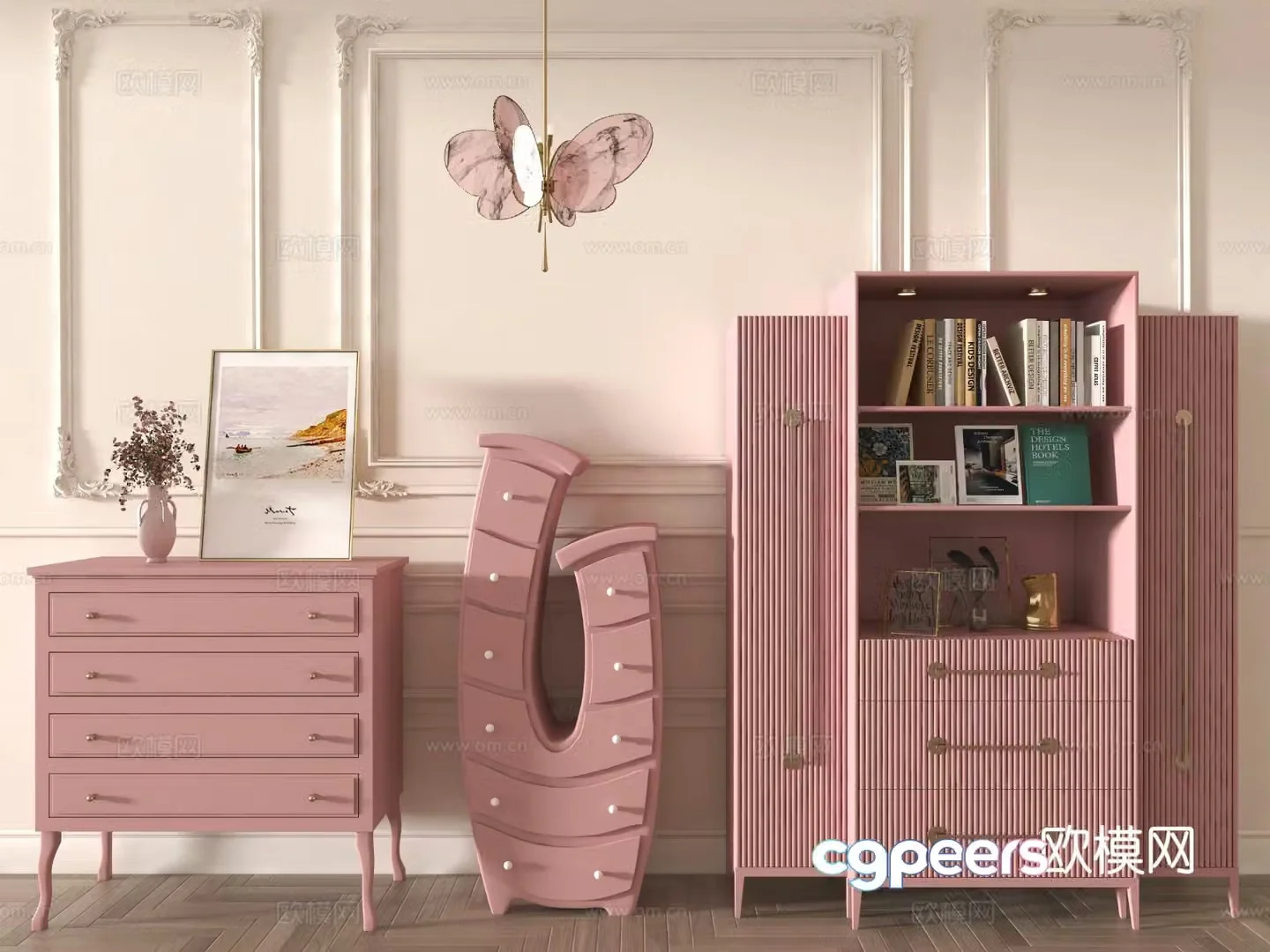 Cream style chest of drawers side cabinet 3d model