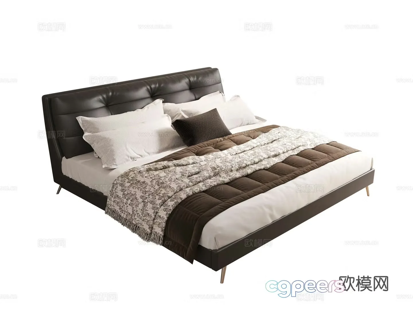 Modern double bed leather double bed master bedroom secondary bed senior bed black double bed 3d model