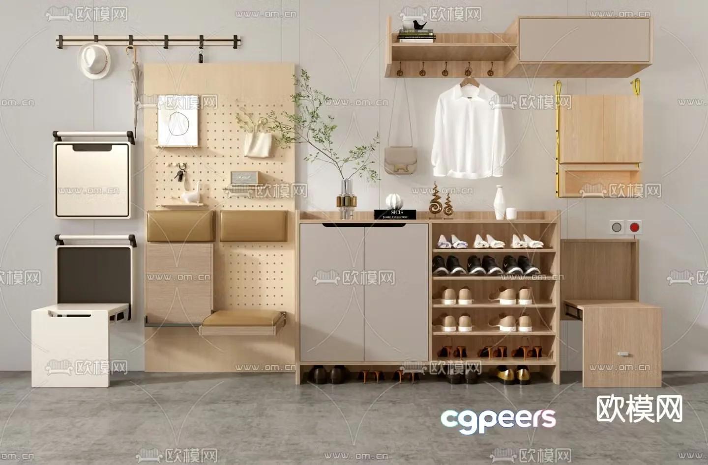Entrance shoe cabinet perforated board shoe changing stool 3D model