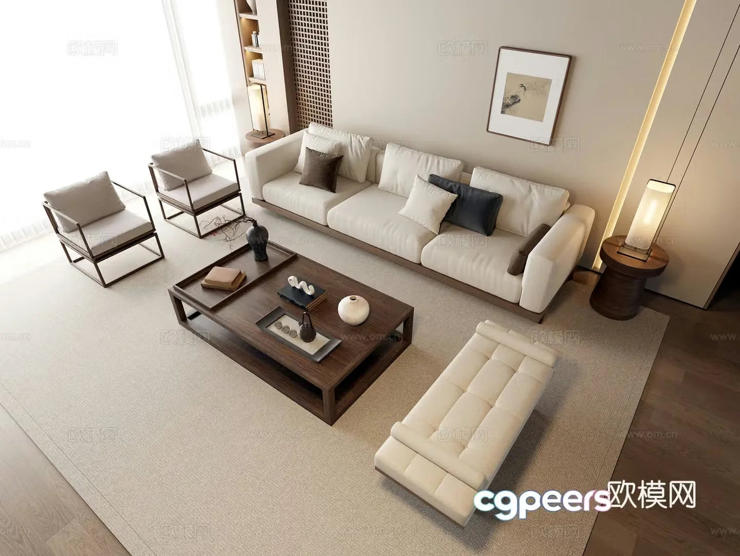 New Chinese sofa combination fabric sofa combination solid wood coffee table solid wood edge table solid wood decorative cabinet 3D model