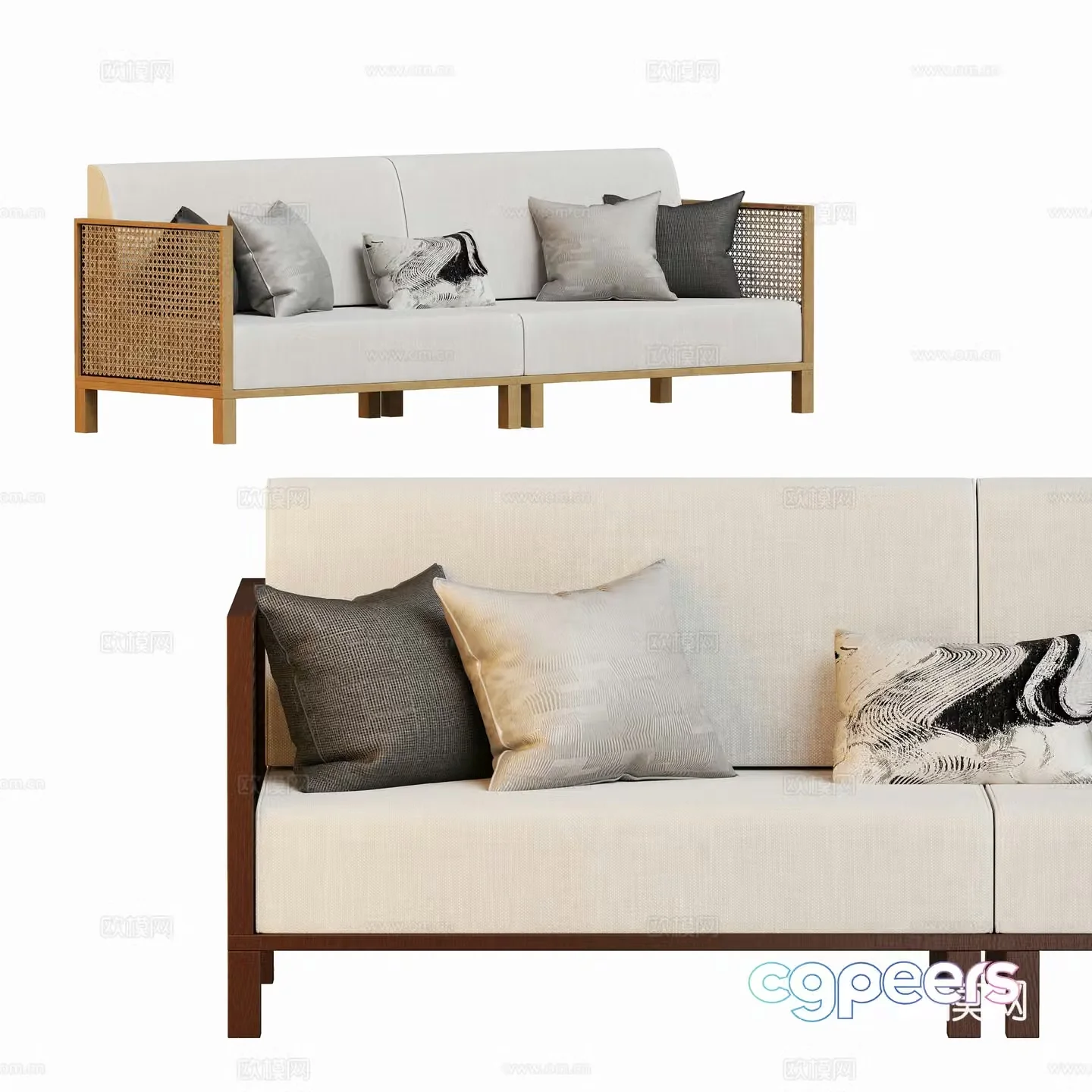 New Chinese style multiplayer straight-line sofa 3D model