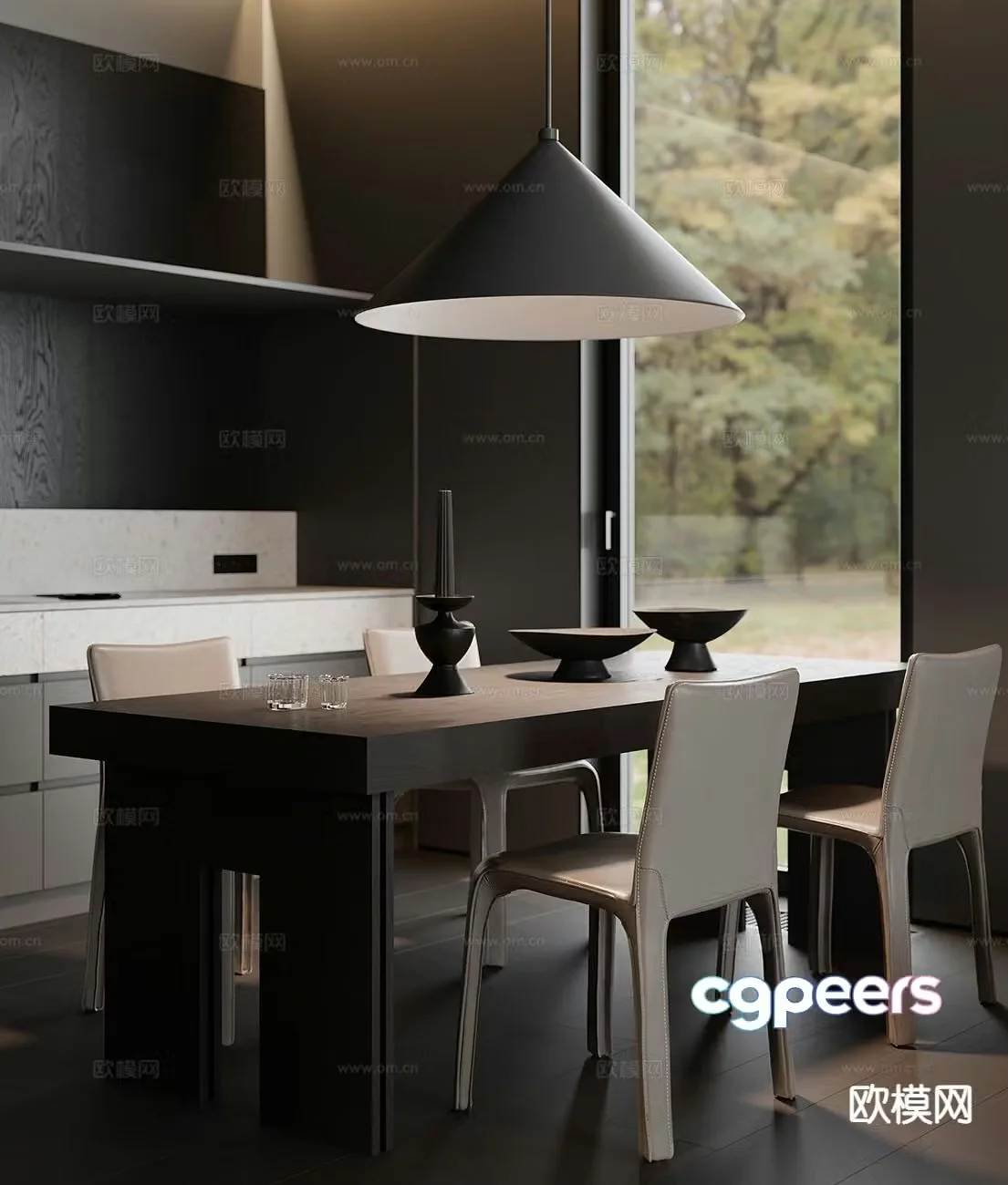 Modern long dining table and chairs 3d model