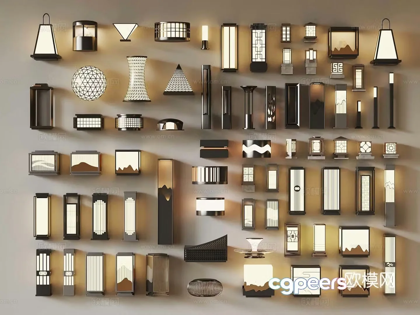 New Chinese style courtyard lights New Chinese style outdoor light combination Landscape light combination 3D model
