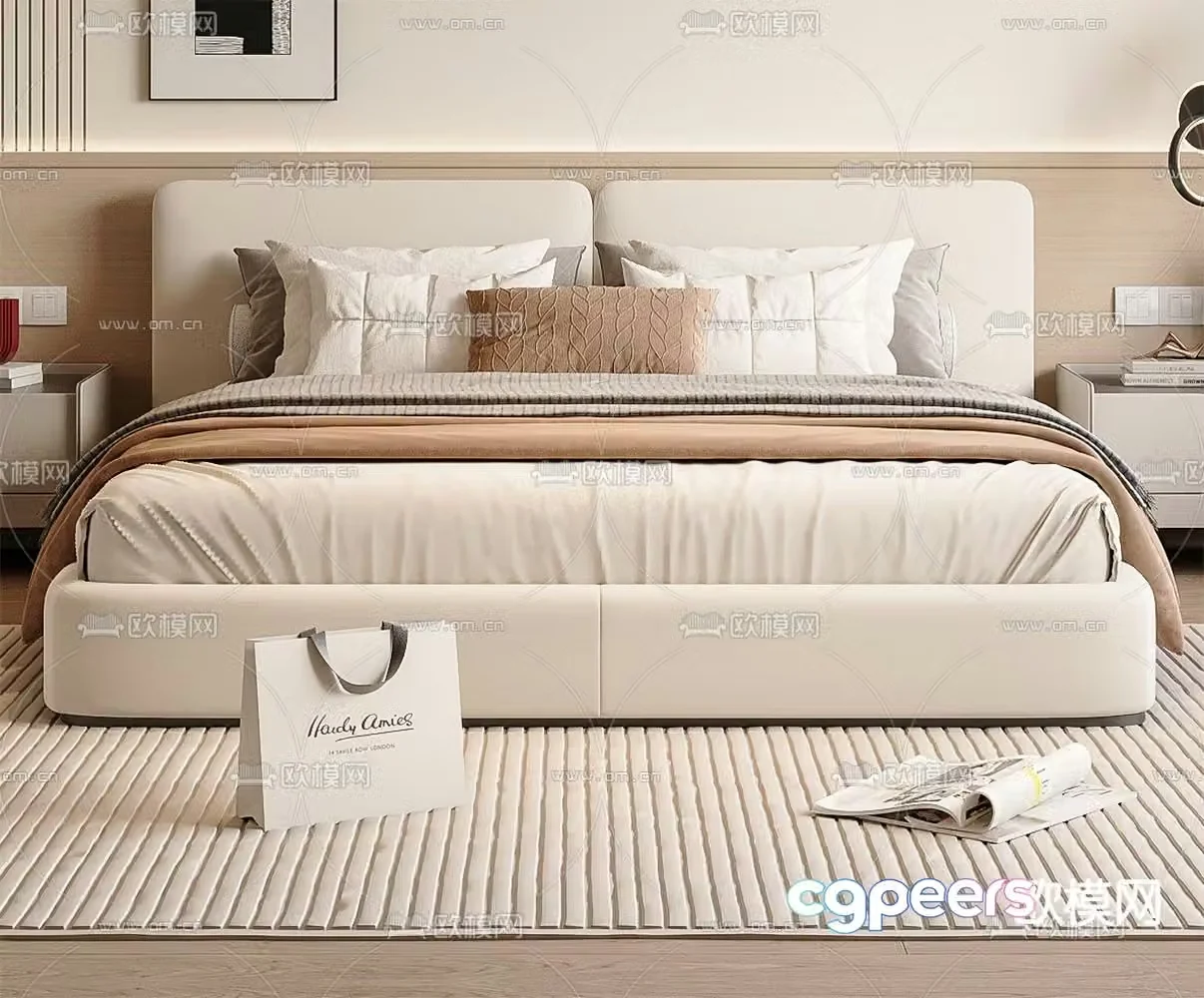 Cream style double bed 3d model