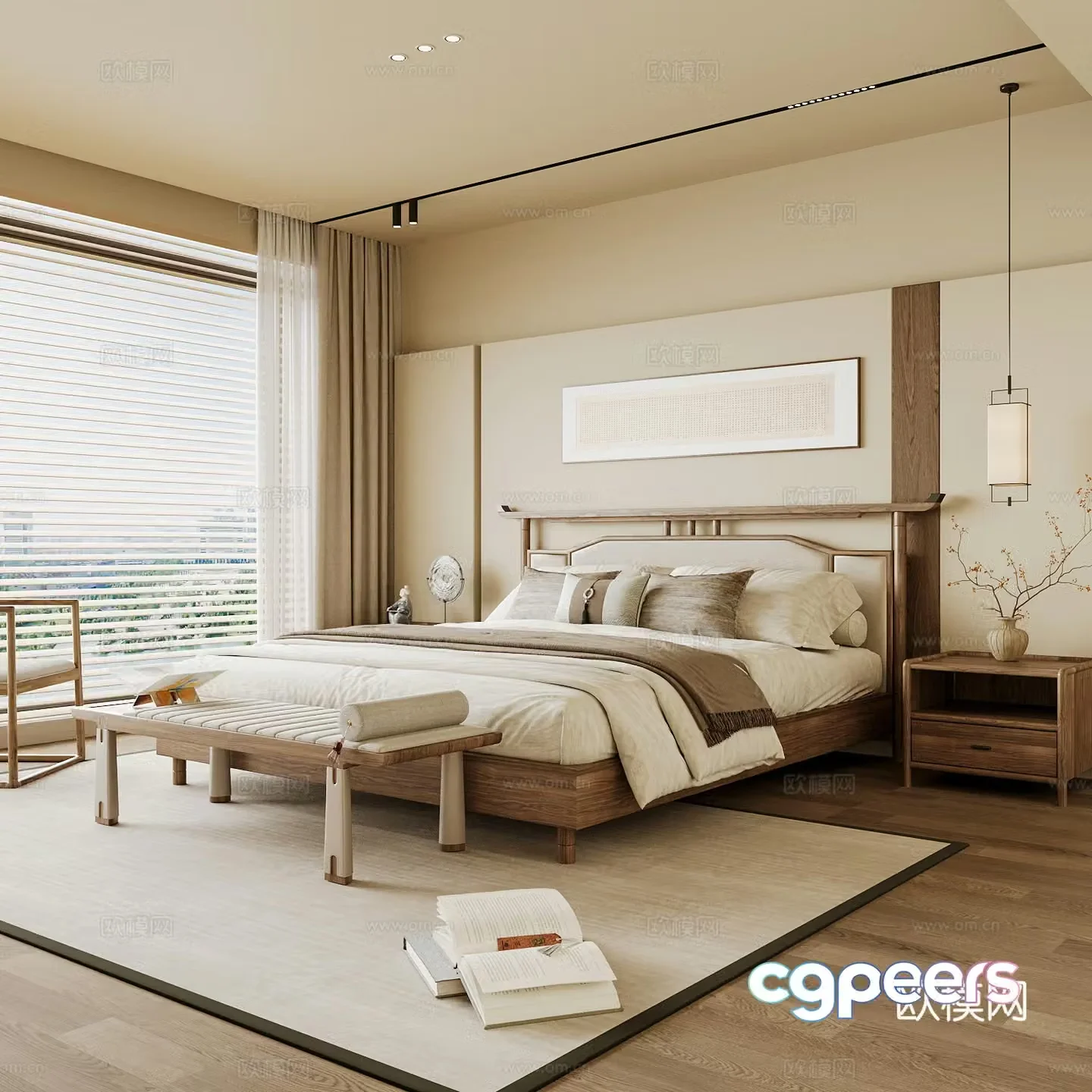 New Chinese style home bedroom Song family aesthetic bedroom Song style bedroom New Chinese style double bed New Chinese 3D model