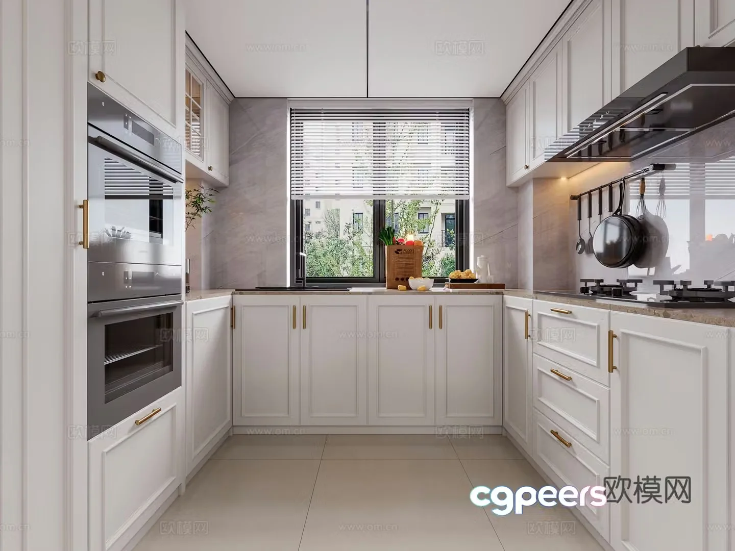 Light French U-shaped kitchen 3d model