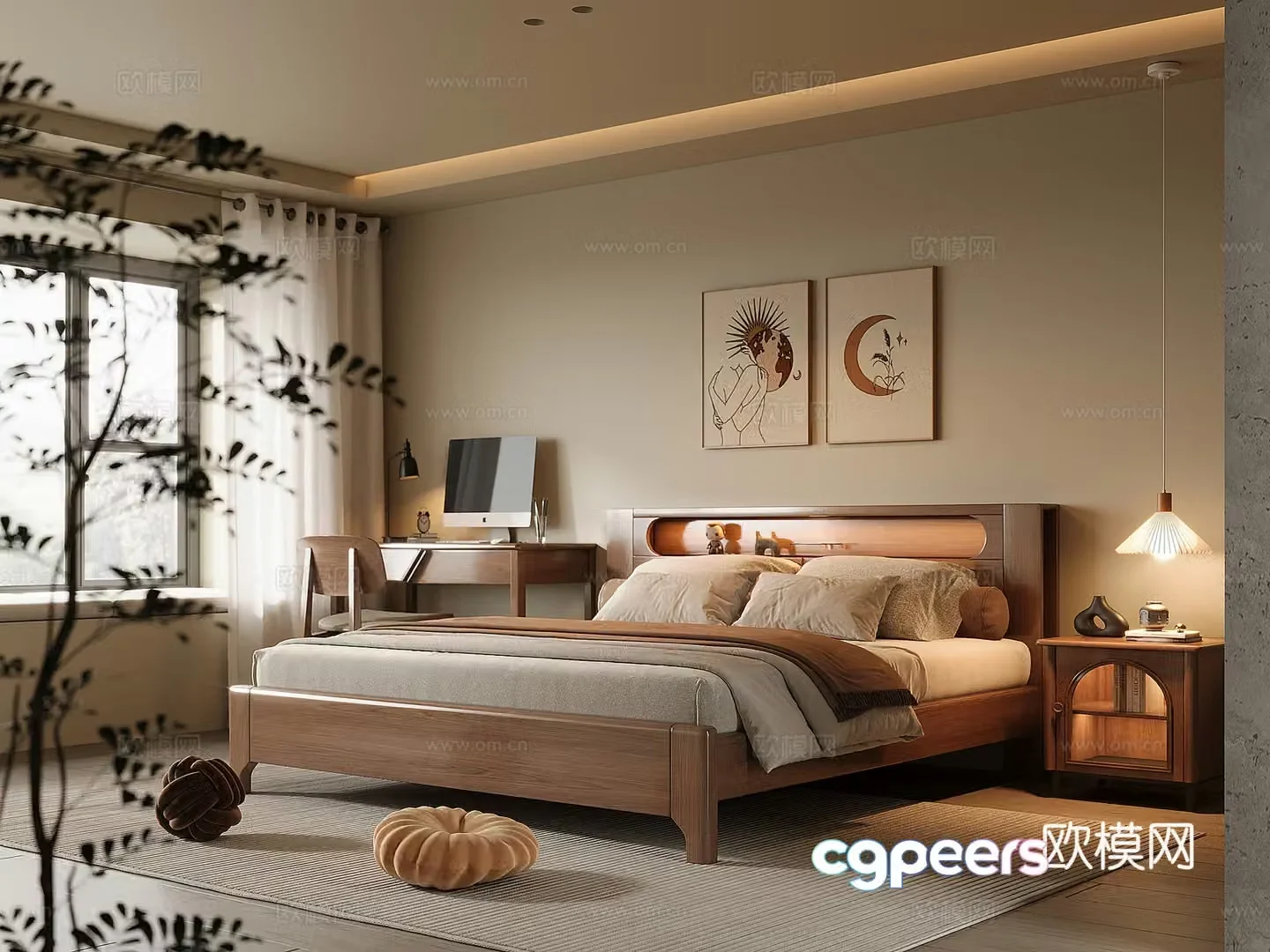 Middle-aged home bedroom solid wood double bed bedside table solid wood desk and chair chandeliers 3D model