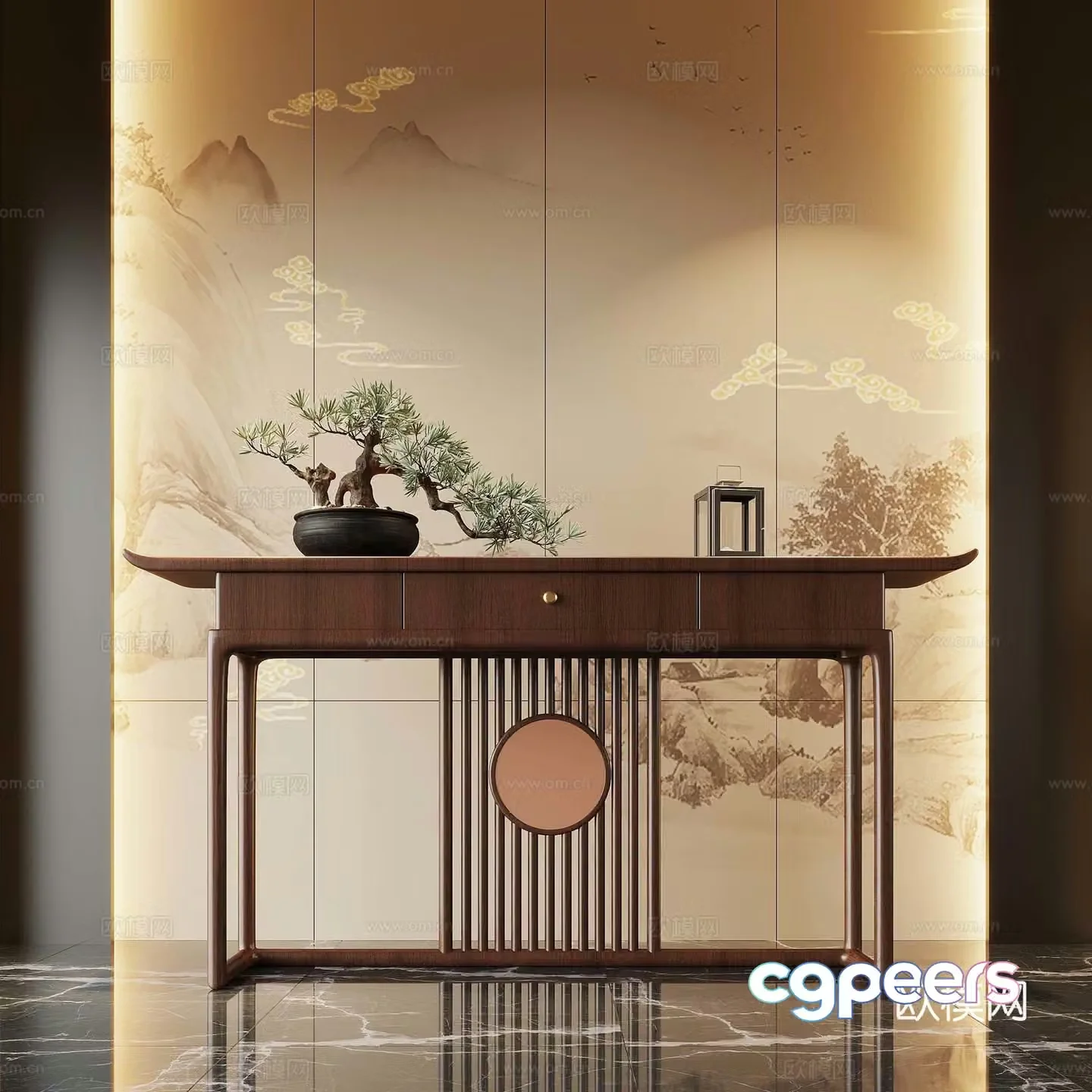 New Chinese style entrance hall end view cabinet entrance hall cabinet potted bonsai ornament 3D model
