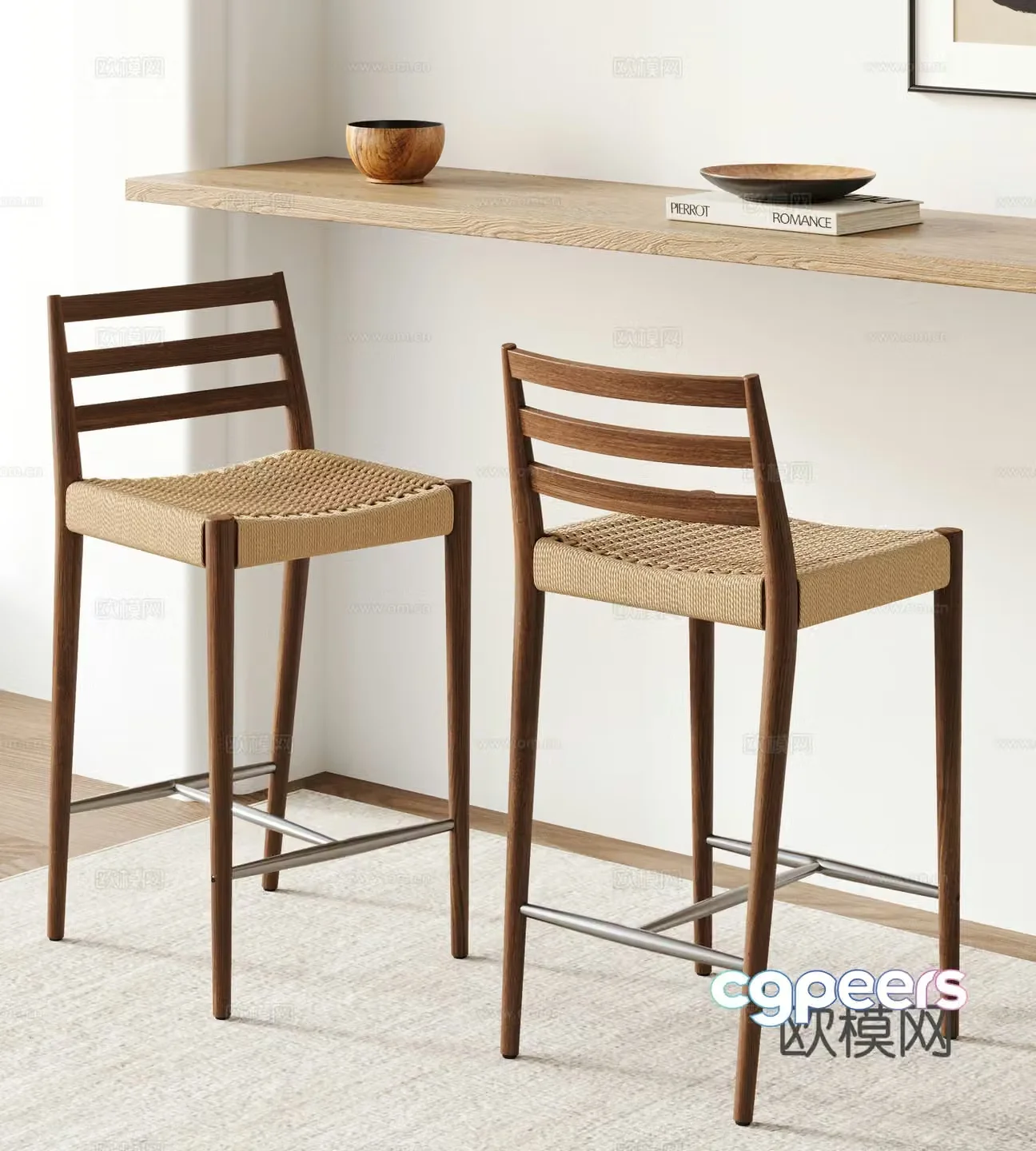 Middle-aged woven bar chair combination Wasabi bar chair Solid wood bar stool Bar chair Bar chair 3D model