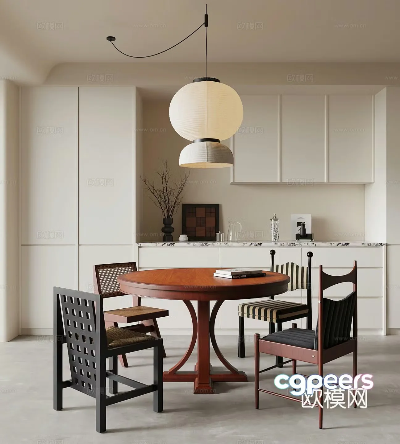 French retro dining table and chair chandeliers 3d model