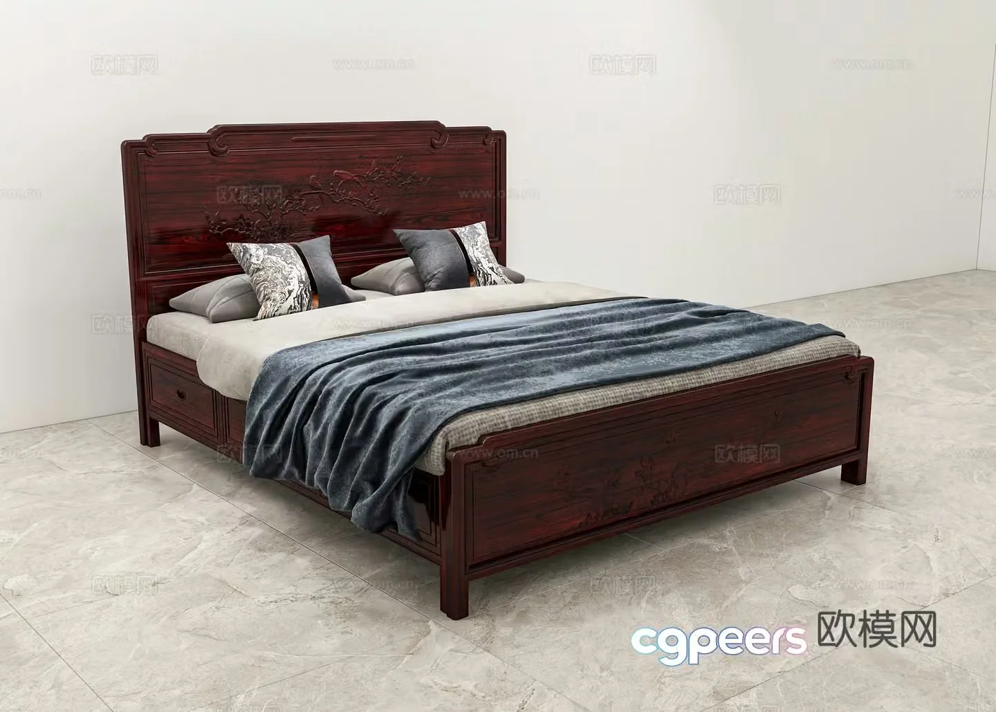 Chinese double bed carved bedside bed body clasped hands solid wood mahogany 3D model