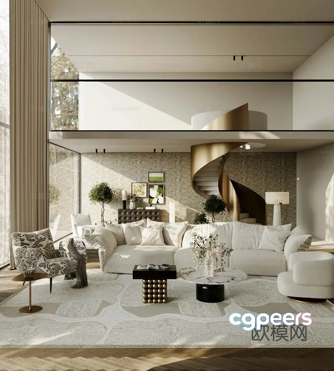 Modern villa living room empty villa living room villa sofa and coffee table combination medieval leisure chair 3D model