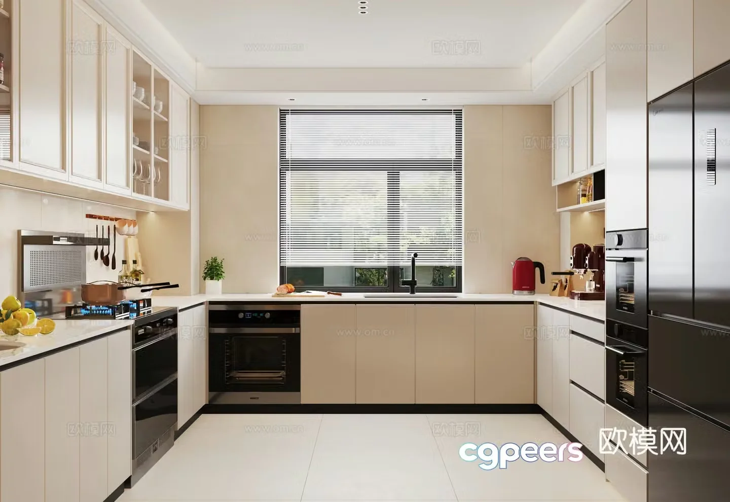 Modern creamy kitchen cabinet refrigerator cabinet kitchen appliances kitchen supplies 3d model