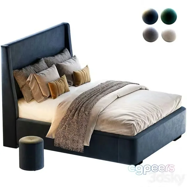3ds Max Free – Bed Defense 160 Velvet Grey emerald sand blue with pouffe Kofi Divanru