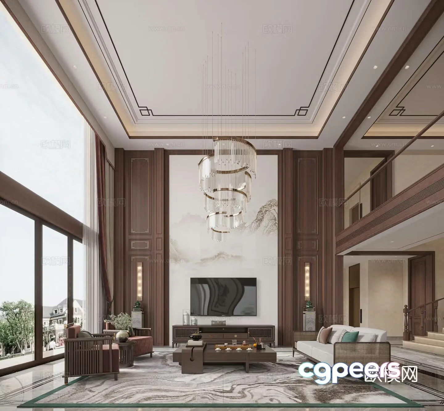 New Chinese style villa picks Airbus restaurant sofa combination crystal chandeliers floor parquet Chinese wall lamp ink painting 3D model