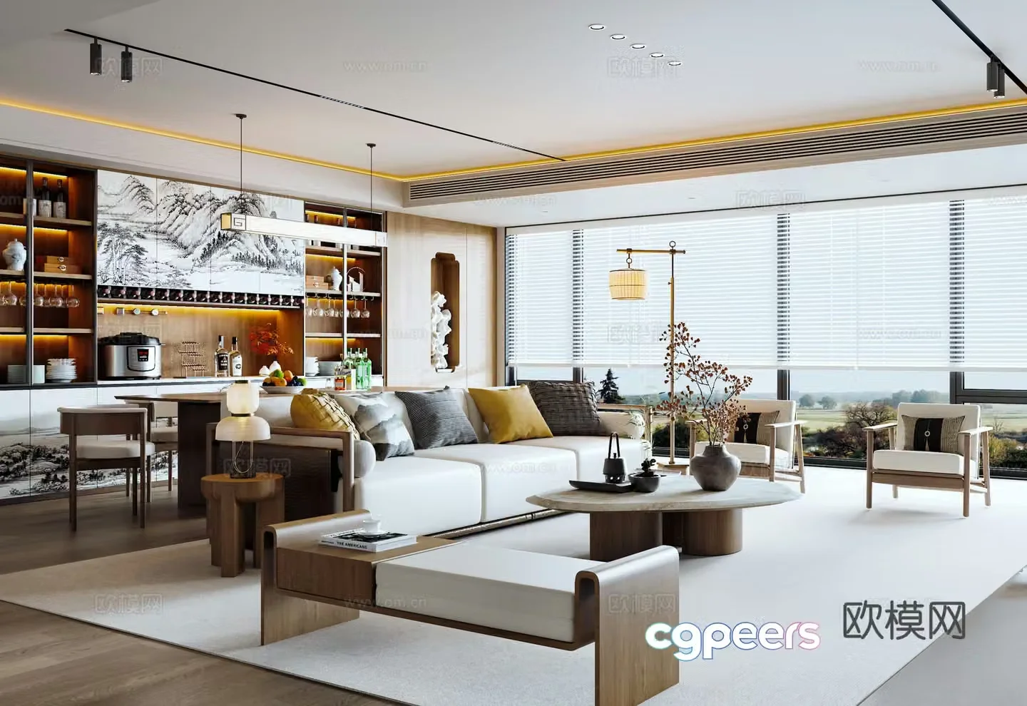 New Chinese style Song’s living room dining sideboard dining table chair chandeliers sofa coffee table combination 3D model