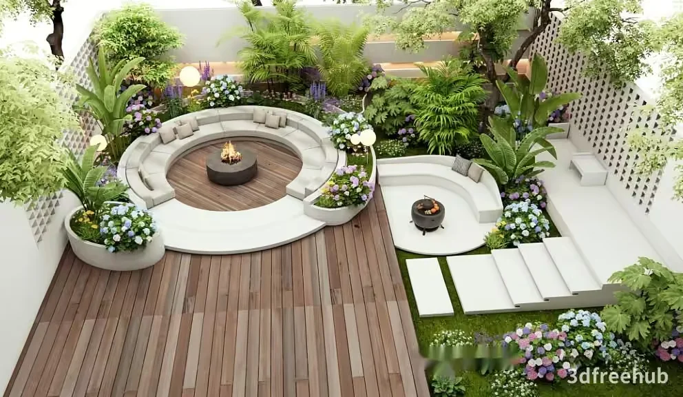 A Modern Backyard With A Fire Pit 3D Model – 23320 – VRAY Render