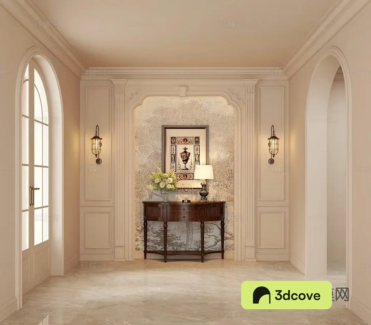 French American style entrance hall door wall porch cabinet wall light