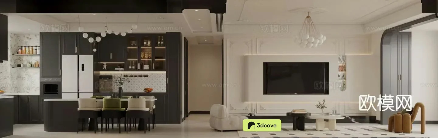 French Cream Living and Dining Open Kitchen