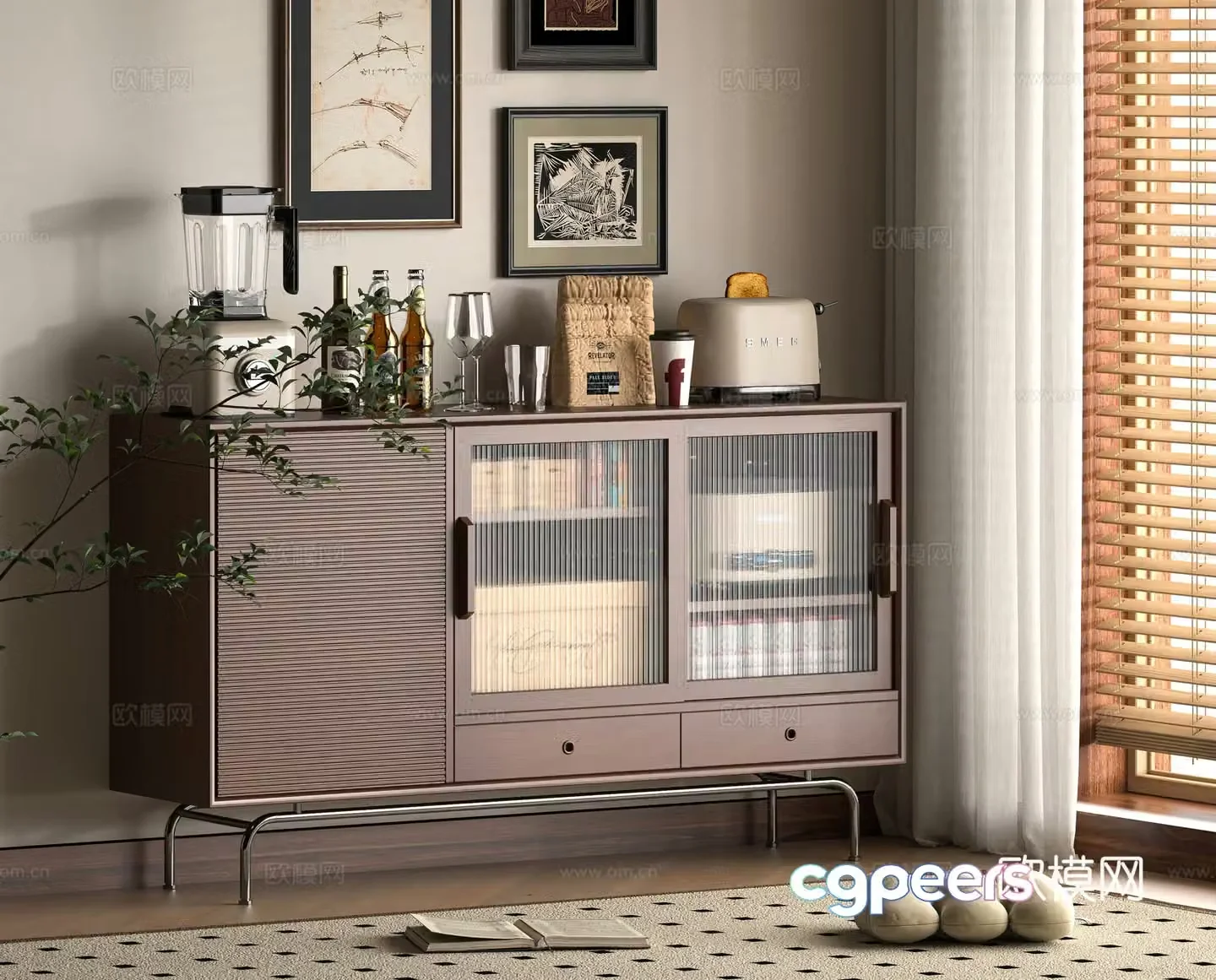 Middle -aged Wind Counter Cabinet 3D Model