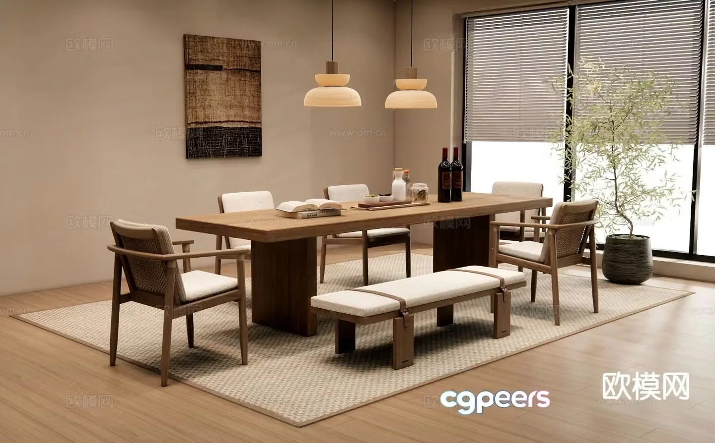 Medium style dining table and chairs strip dining table 3D model