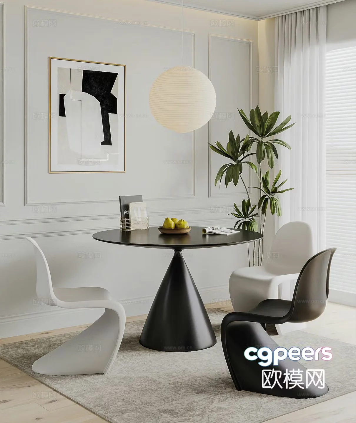 Modern cream style dining table and chair 3d model