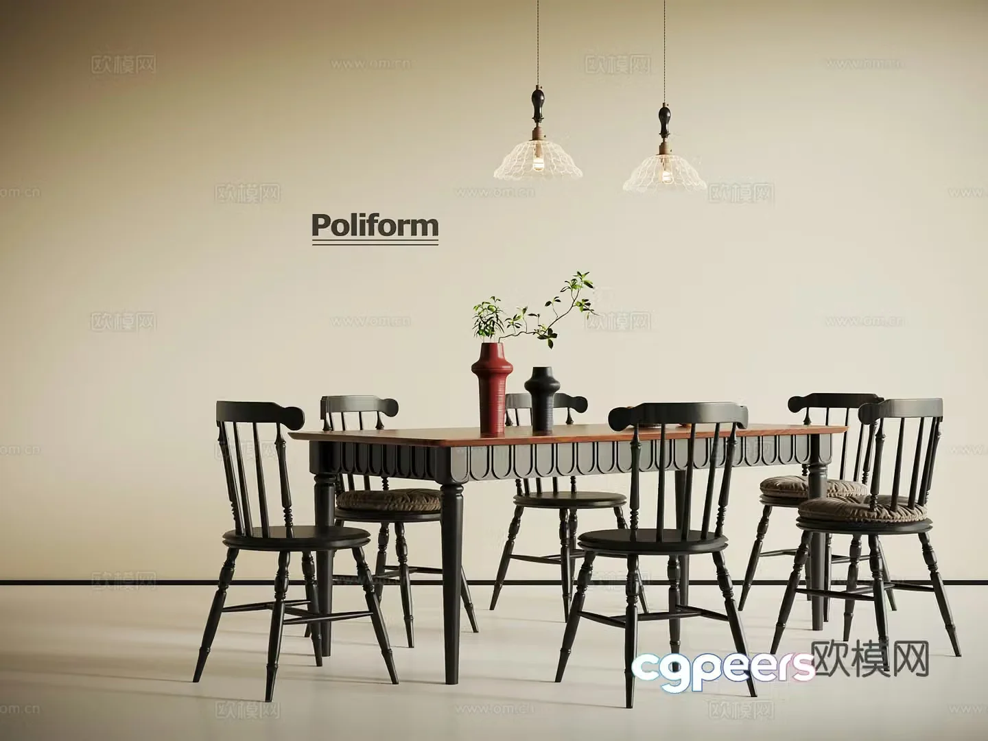 French dining table and chair chandeliers 3d model