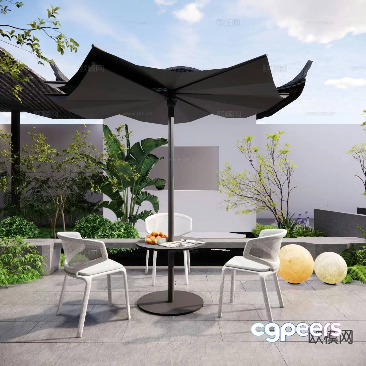 Chinese garden tables and chairs outdoor tables and chairs parasols 3D model