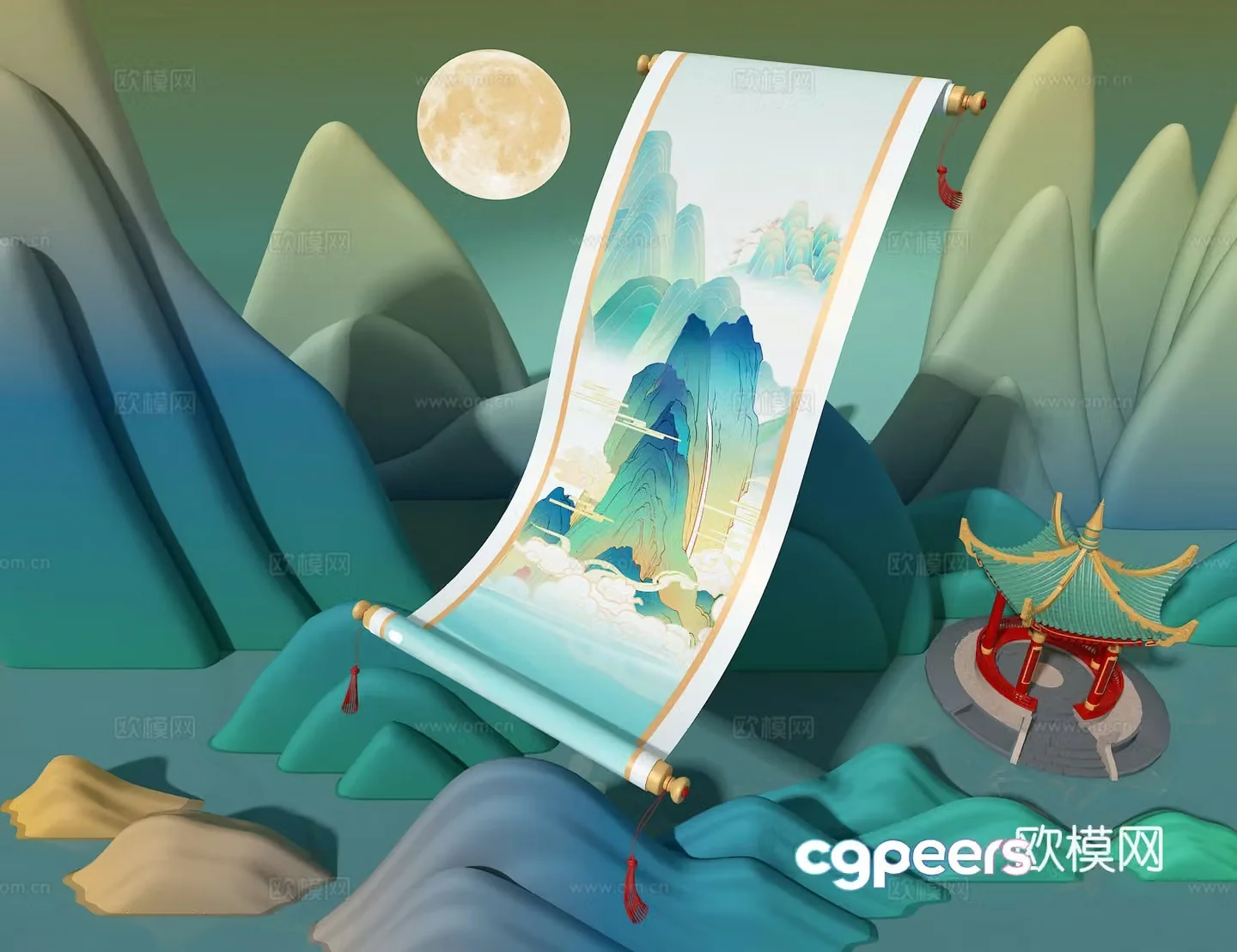 3D model of Chinese style painting scroll