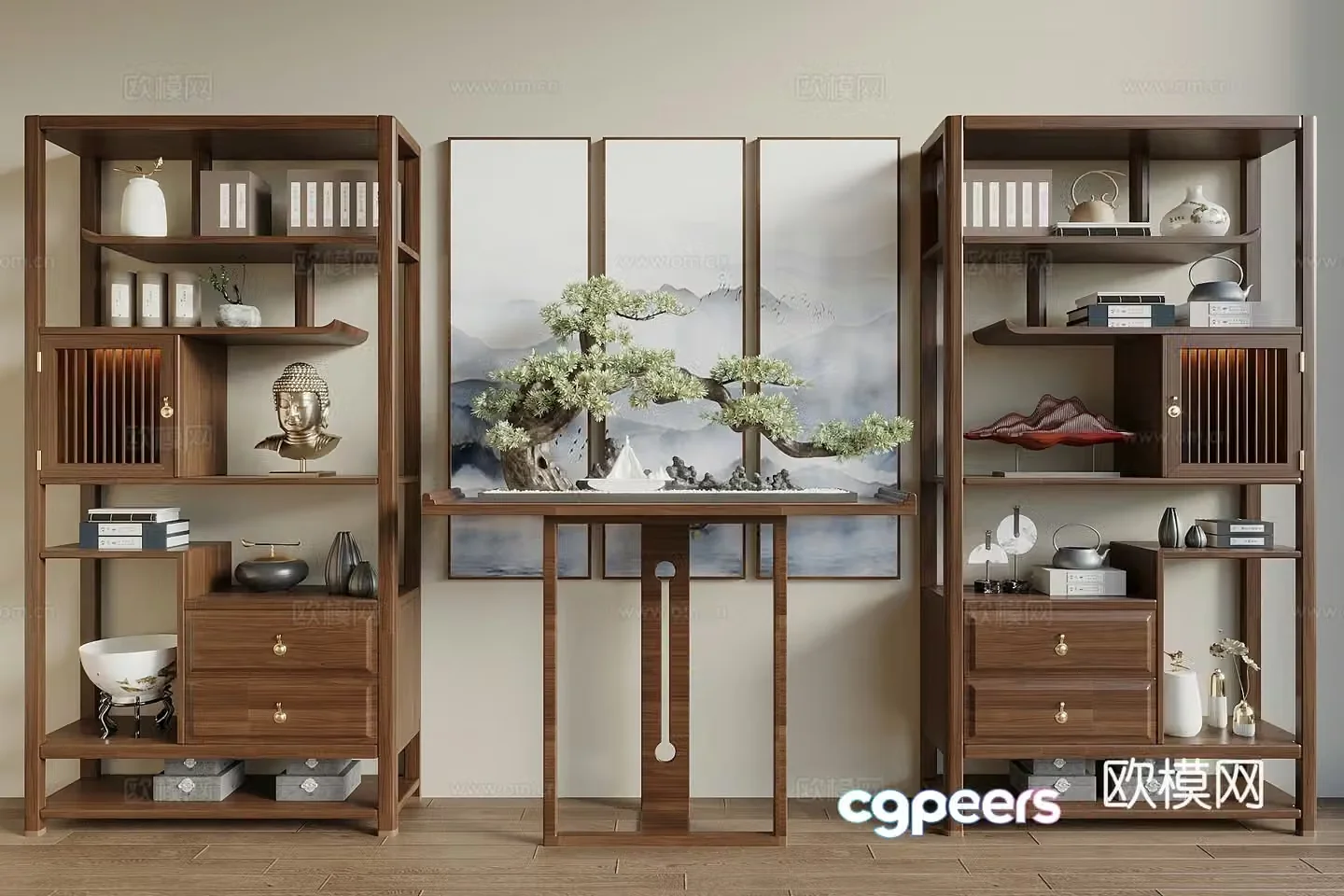 Song style new stroke ancient shelf bookshelf hanging paintings entrance cabinet end viewing table display cabinet display cabinet 3d model