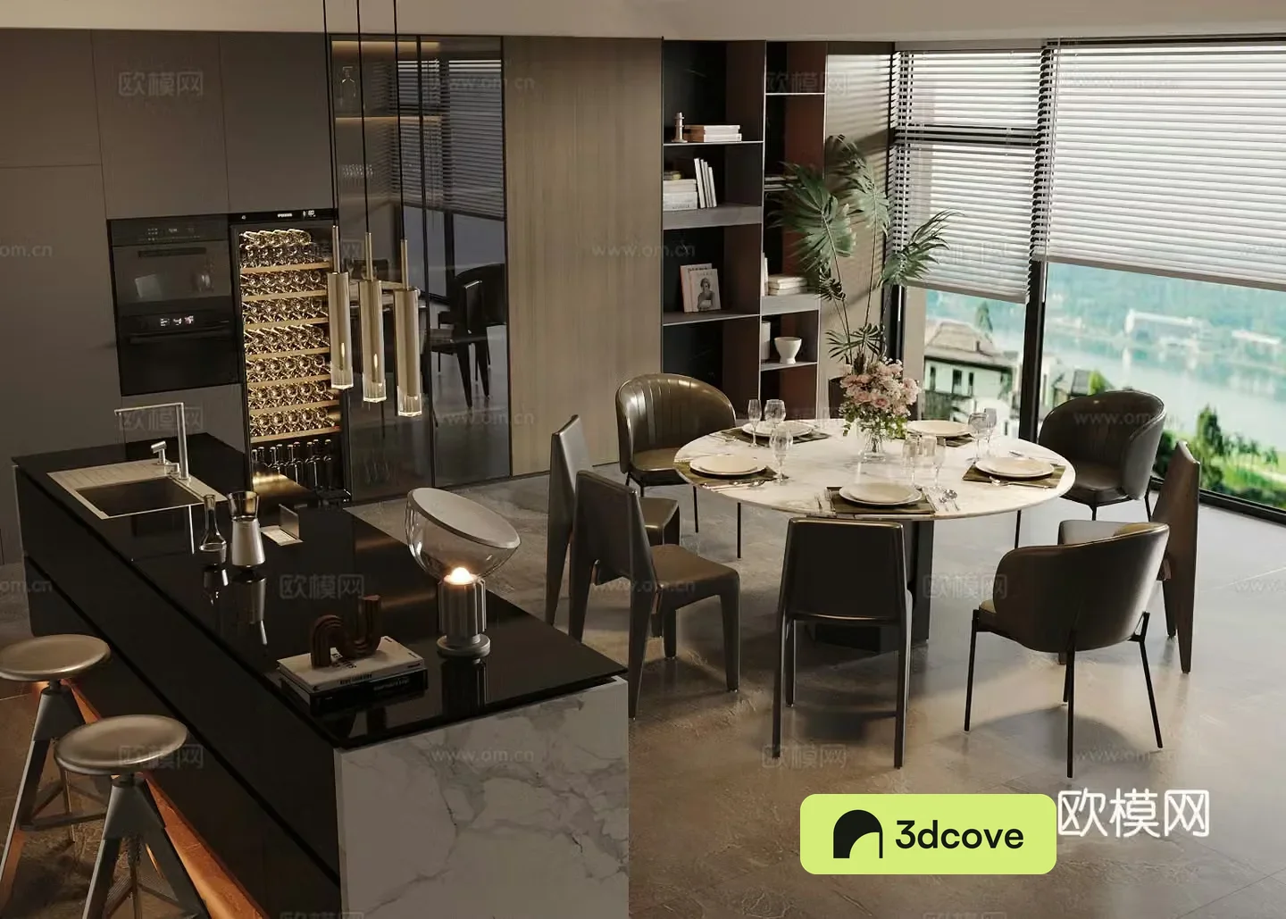 Modern Italian home restaurant Light luxury Italian restaurant Round table restaurant Island restaurant Black white and gray
