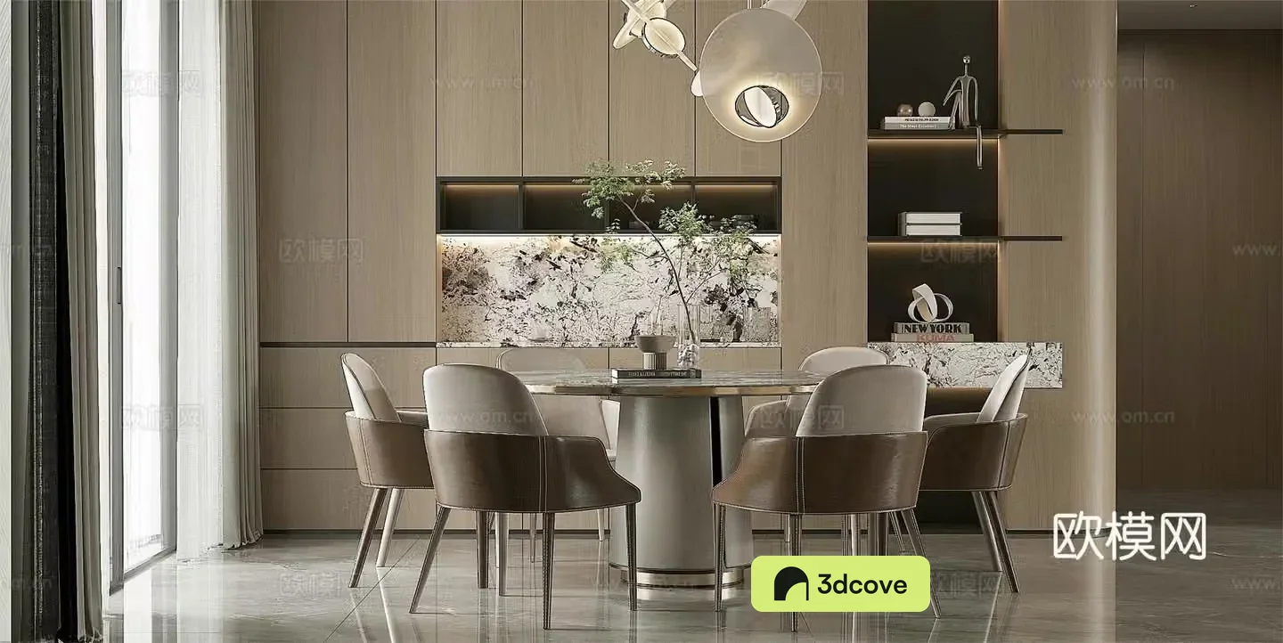 Modern light luxury Italian home restaurant Open restaurant Island restaurant Black and white and gray restaurant Round table
