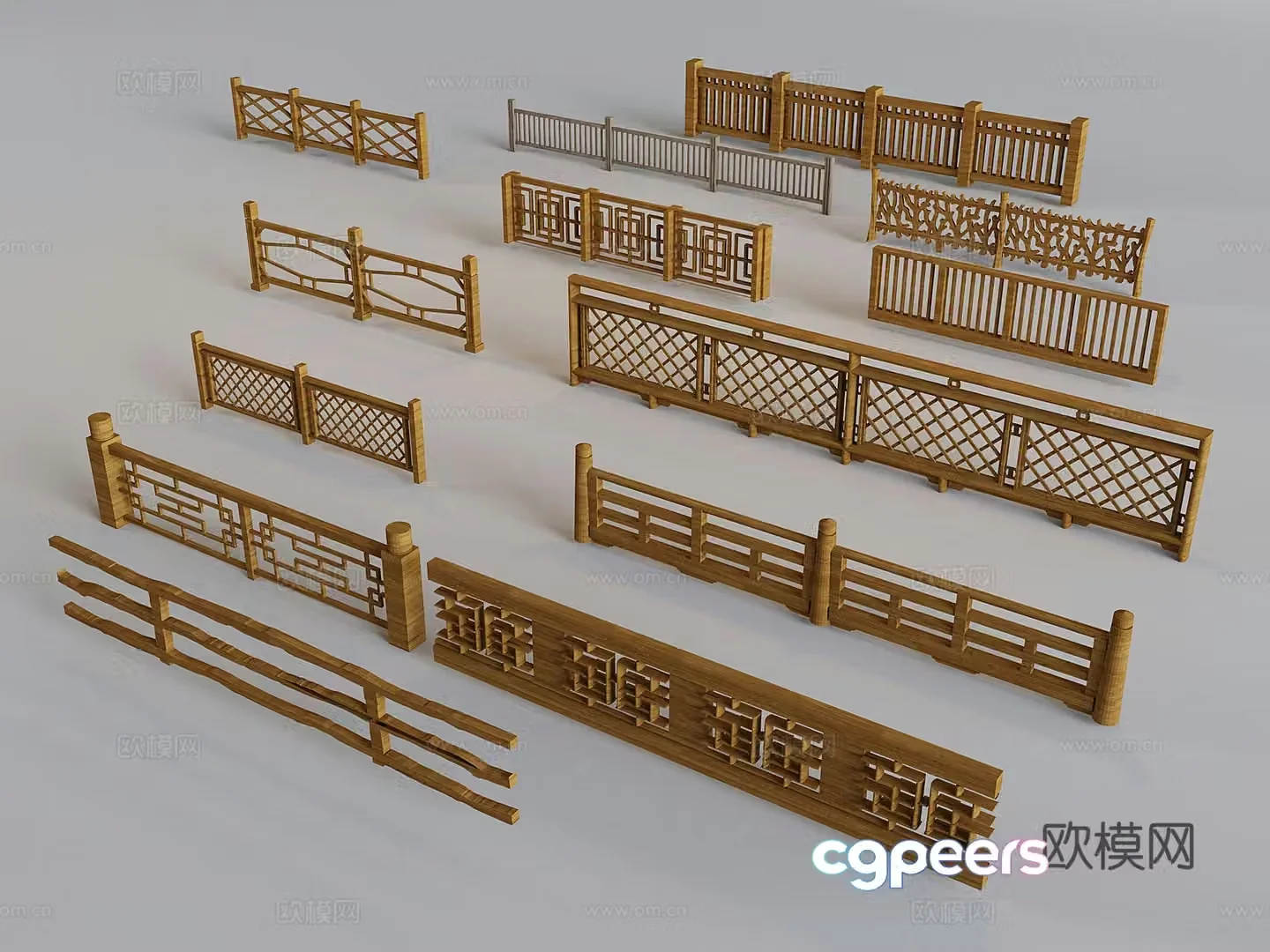 New Chinese-style stair guardrail solid wood stair railing fence 3D model