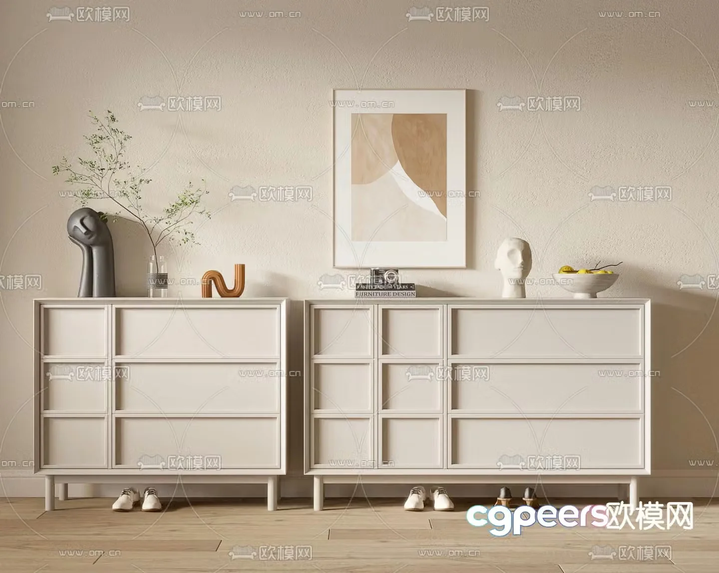Cream style shoe cabinet low cabinet 3d model