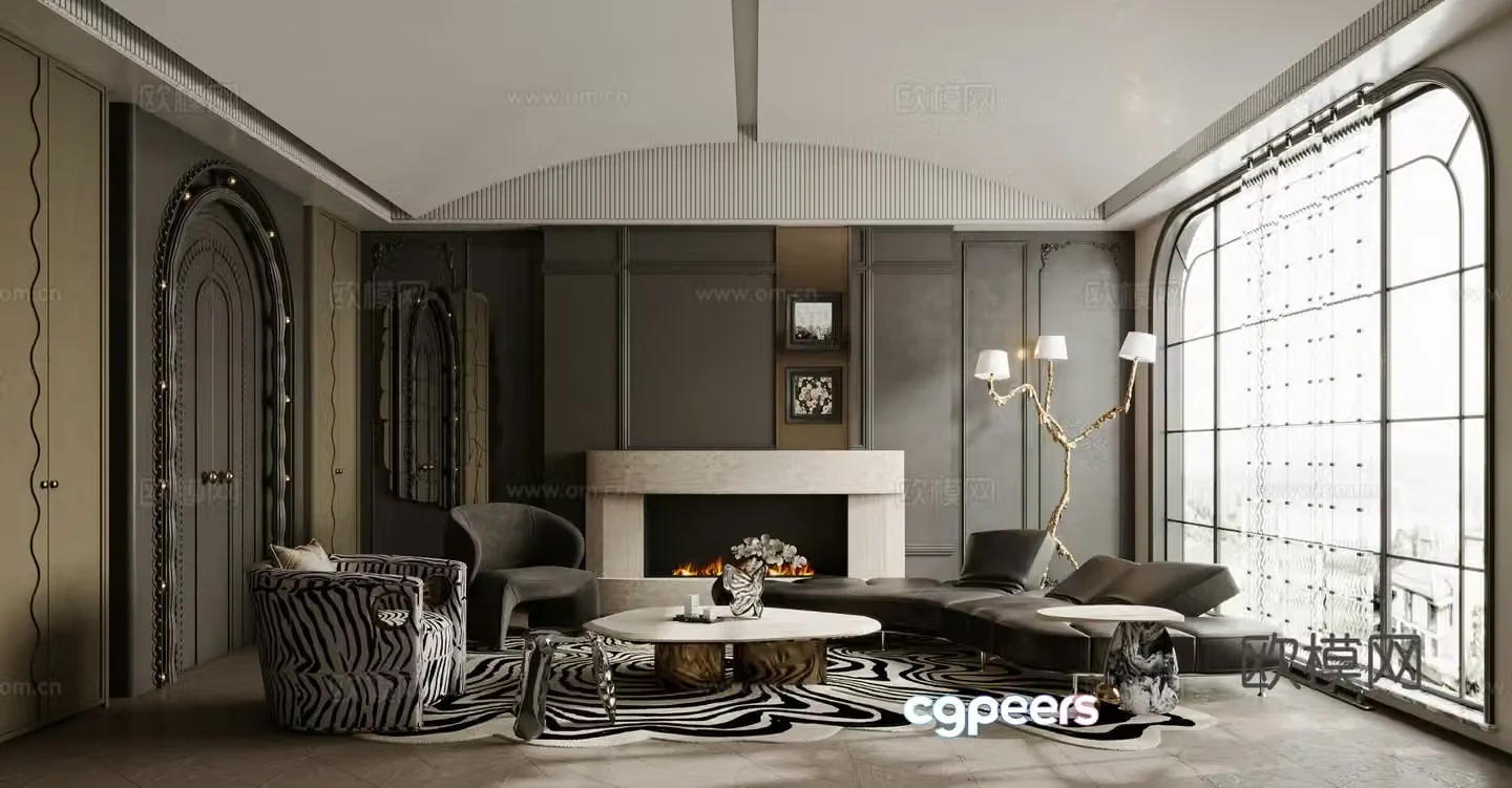 French living room sofa coffee table combination single sofa curved sofa side table 3D model