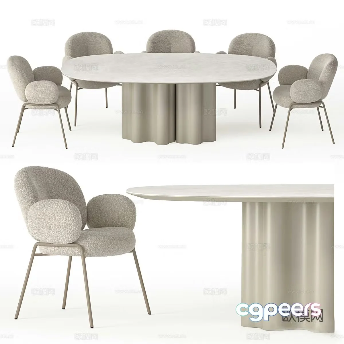 Dining table and chair combination Art dining table Fabric dining chair Lamb velvet dining chair Leisure chair Dining chair Qitan 3d model