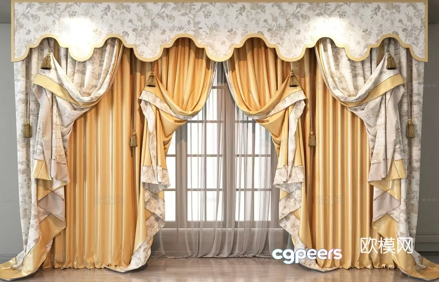 European floral pattern curtain curtain head gauze curtain 3d model