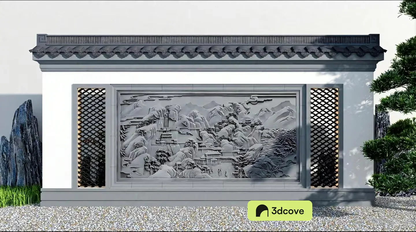 The Main Subject Is A Gray Wall With A Relief Sculpture