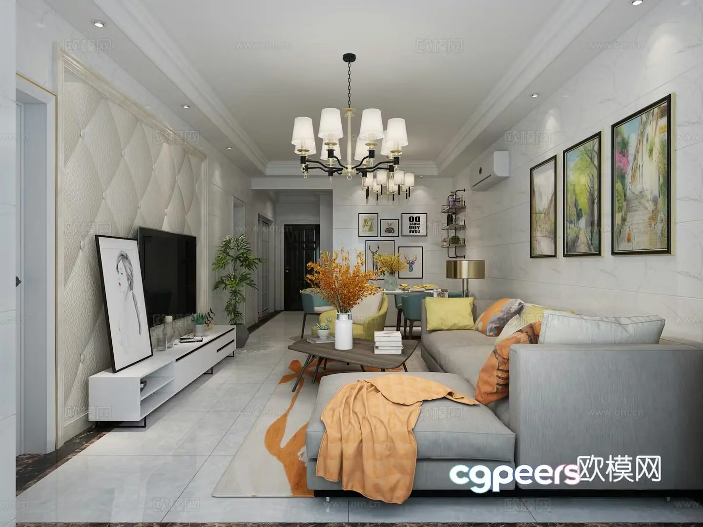 Modern living and dining room sofa dining table chandelier sofa coffee table 3d model