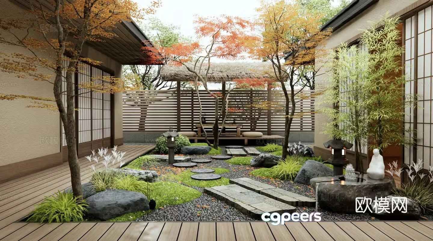 Japanese Zen Garden Old Stone Slab Ting Steps Dead Landscape Water Bottle Water View Micro Terrain Red Maple 3D Model