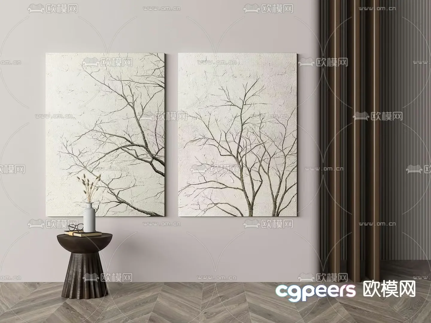 Two Large Paintings Of Bare Trees On A Wall 3D Model – 15416 – VRAY Render