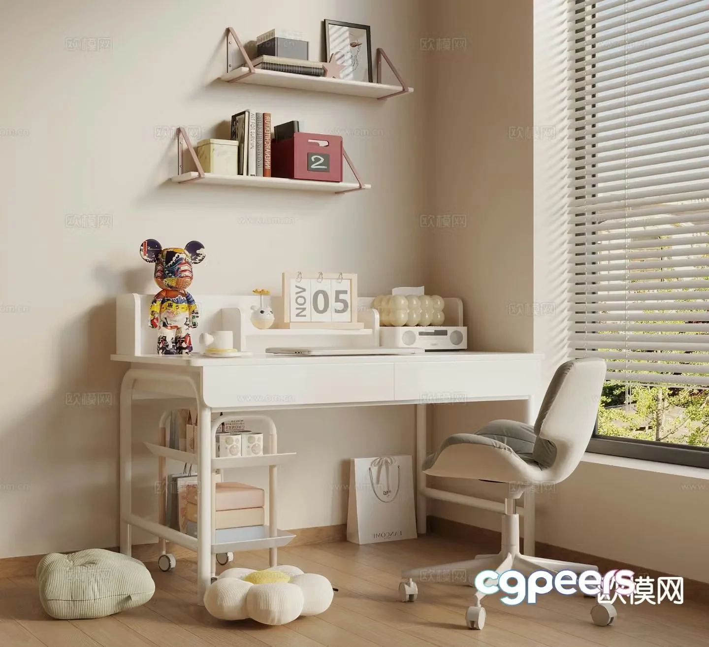 Cream style children’s table study table 3d model
