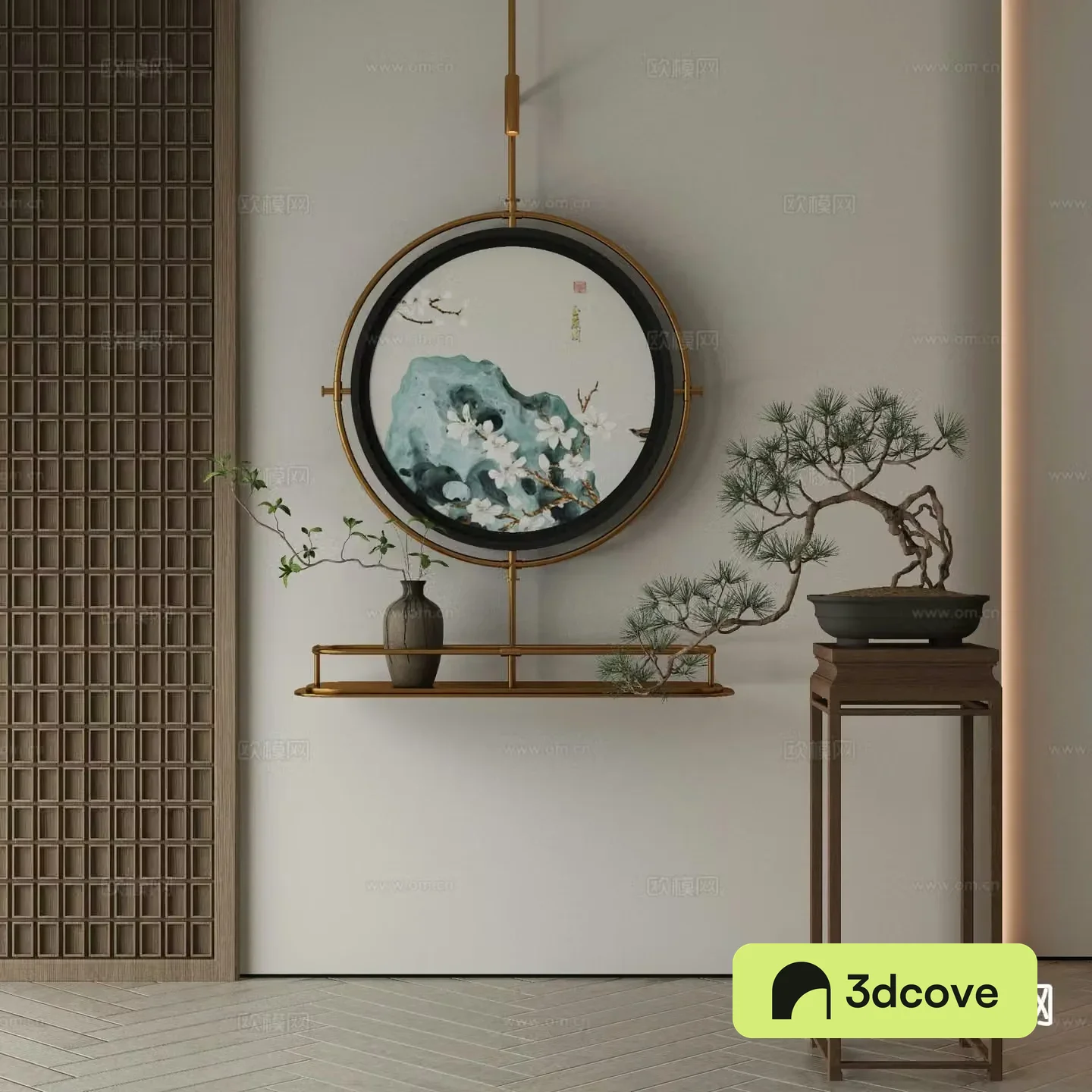 New Chinese style decorative painting metal pole hanging painting round hanging painting