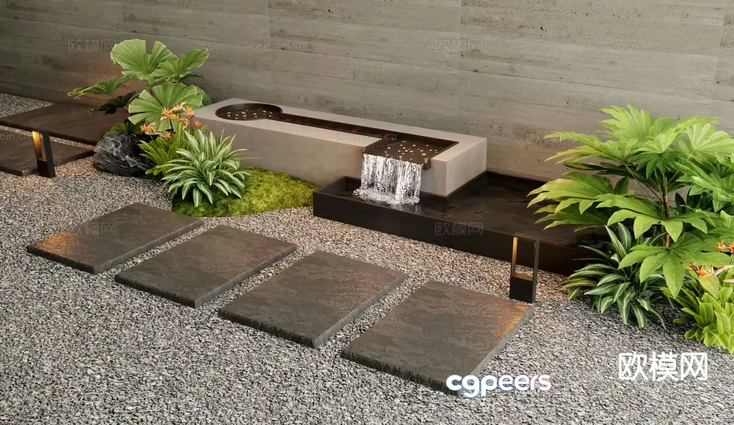 Modern waterscape falling water landscape plant pile 3D model