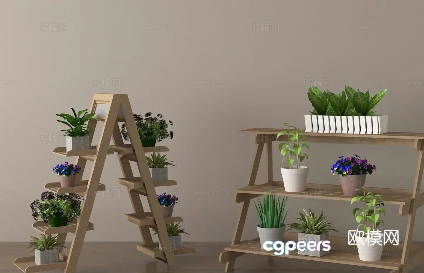 Solid wood flower stand trapezoidal flower stand green plant potted plant 3D model